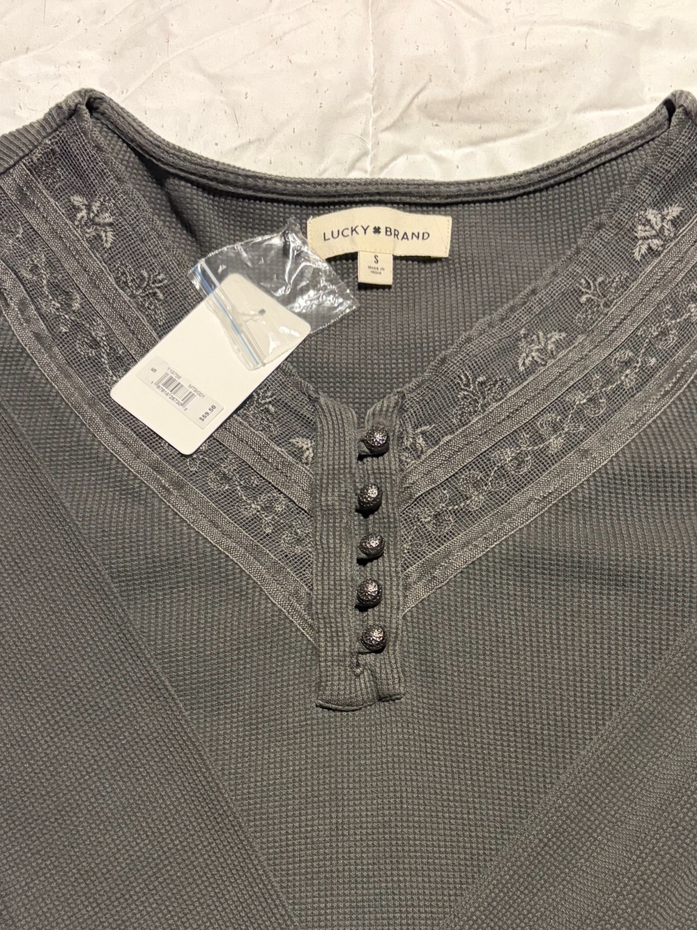 NWT. Lucky Brand Gray Embroidered Henley Long Sleeve Top